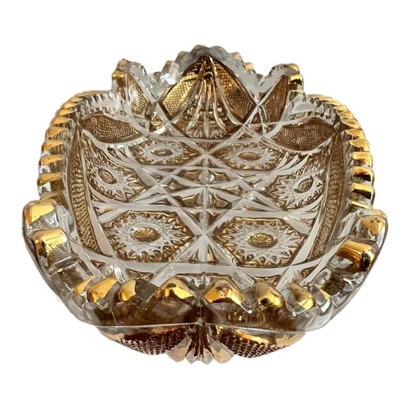 Vintage Clear & Gold Pressed Glass Oval Dish With Intricate Starburst & Geometri - Picture 7 of 10